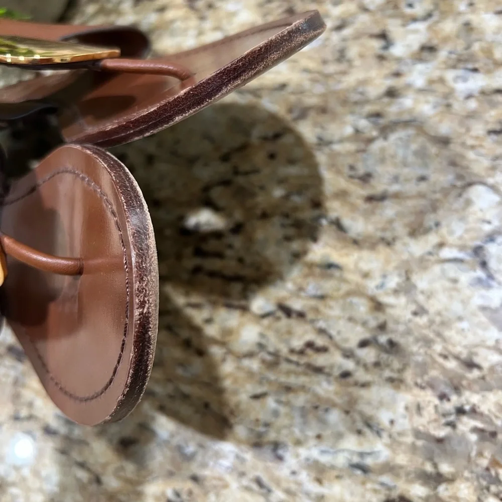 Tory Burch Patos Disk Brown Leather Flat Sandals 9.5